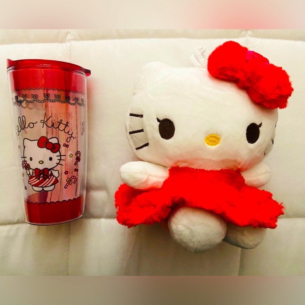Hello Kitty Sanrio Christmas Holiday Candy Cane Red Plush & Tumbler 2 Piece New